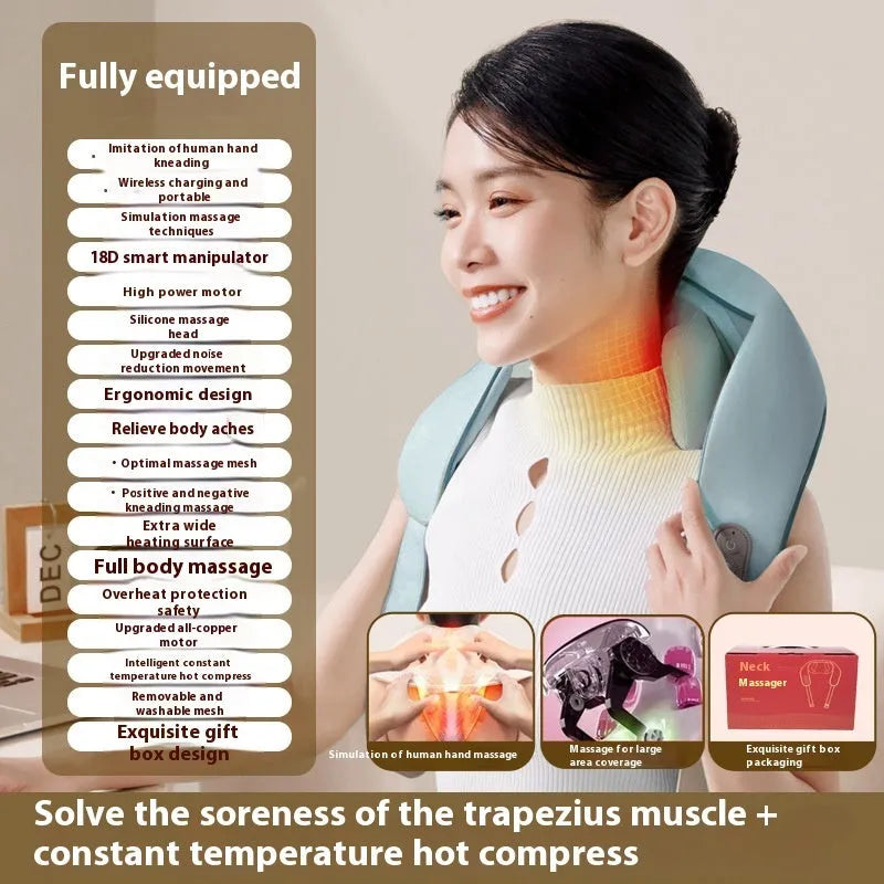 Blue rechargeable electric neck and shoulder massager in a folded position.