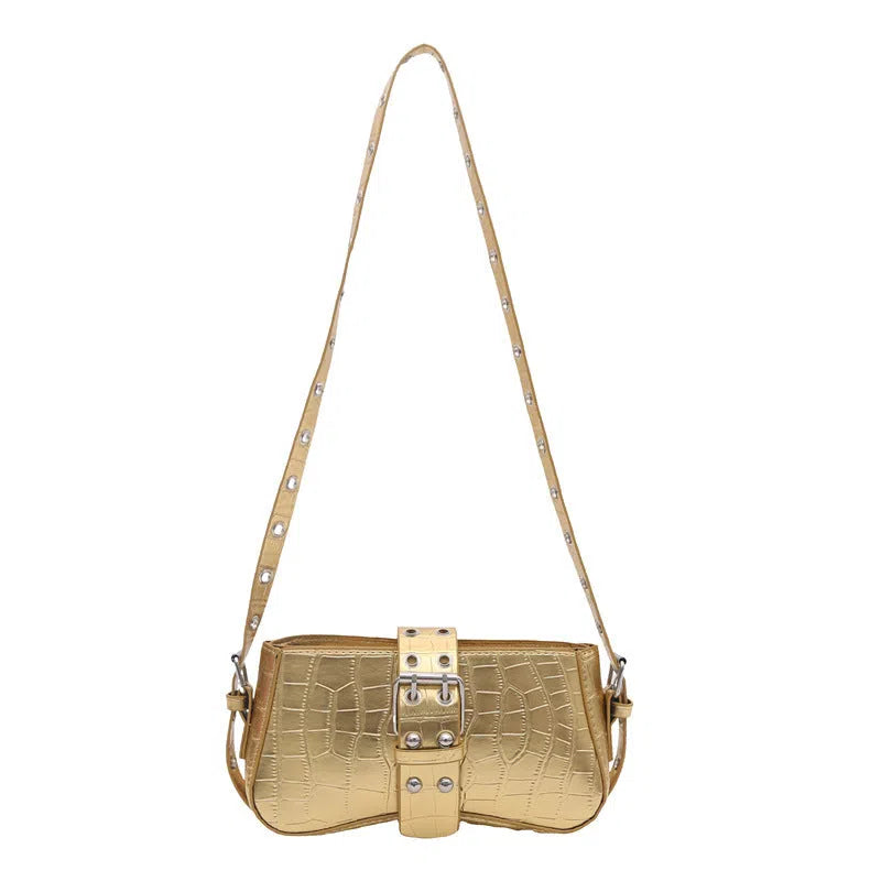 Vertical rectangle PU underarm bag with stitched patchwork, single shoulder strap, available in black, gold, white