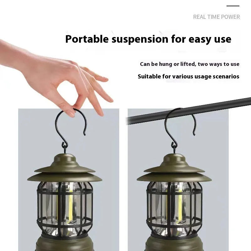 Portable camping lantern in dark green, black or red colours with battery power options