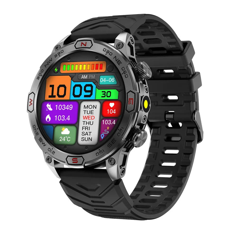 Sports smartwatch with AMOLED display on wrist showing heart rate monitoring interface