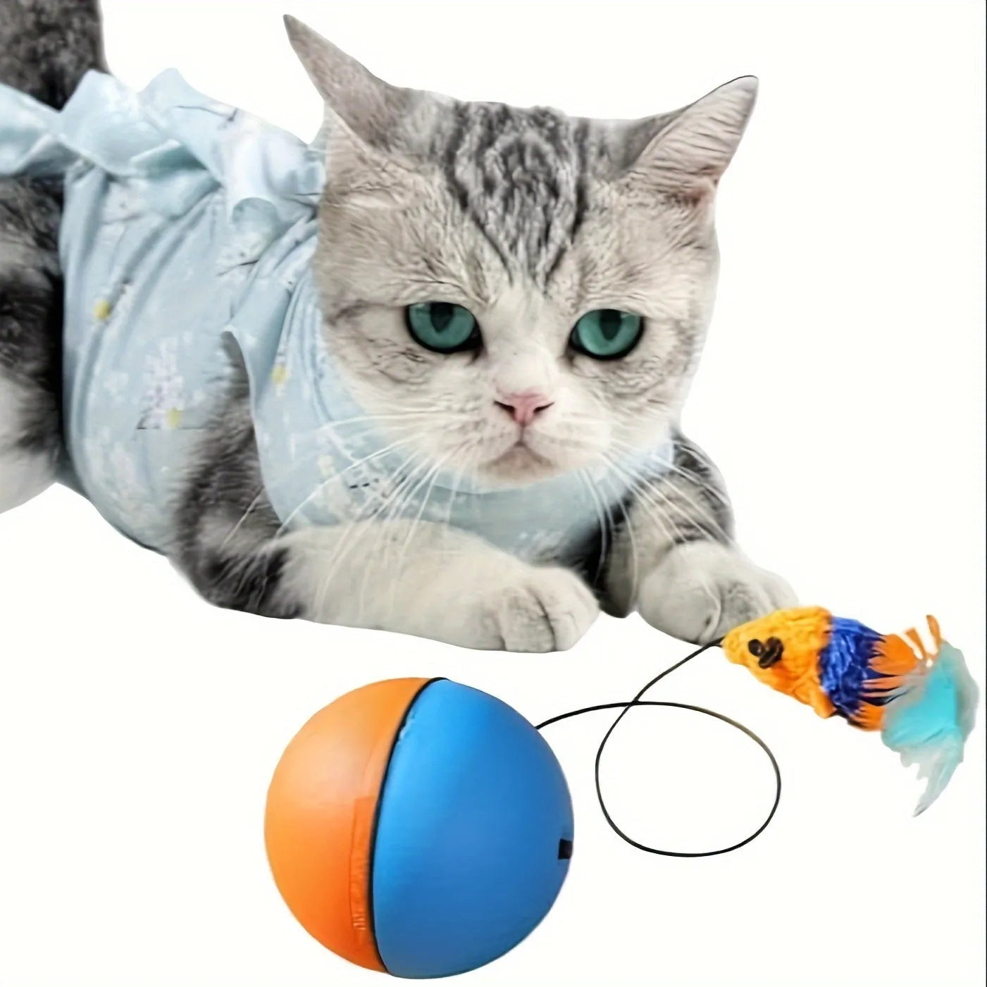Interactive cat toy with blue and orange removable plush mouse attached to ball for feline exercise