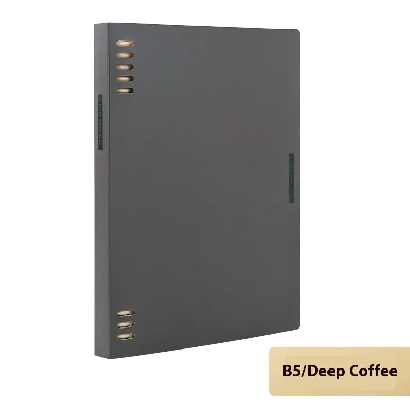 Refillable loose-leaf spiral notebook with PP cover open, showing raw wood pulp paper in grid ruling.