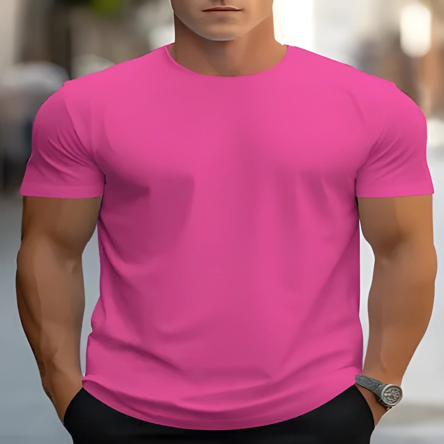 Men's loose fit printed T-shirt in bird eye cloth polyester fabric with short sleeves and round neck