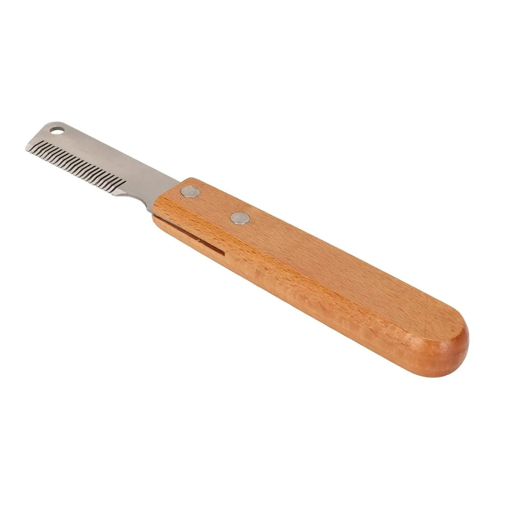 Pet stripping comb with wood handle and metal teeth for grooming long-haired dogs and cats.