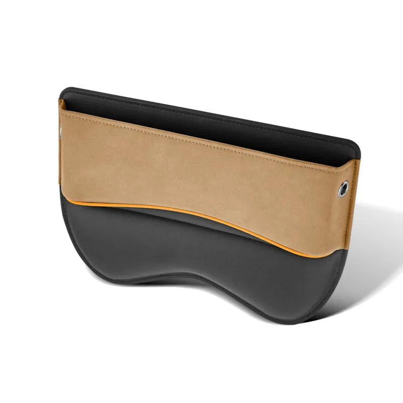 Leather car seat storage organiser box in a choice of five colours, shown on a vehicle seat.
