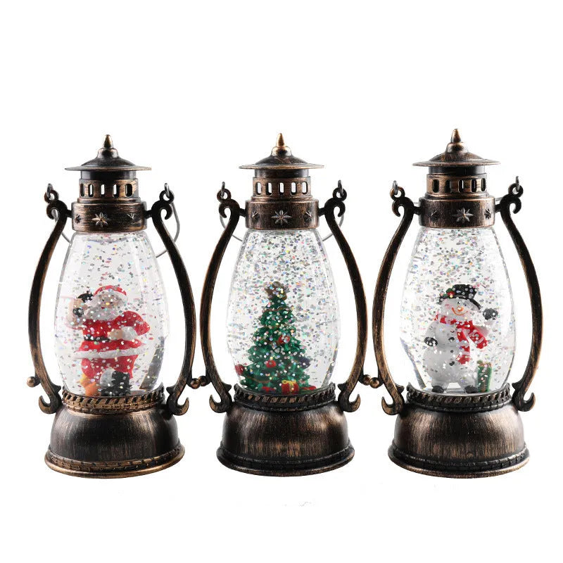 Portable crystal ball oil lamp Christmas ornament showing light-emitting snowman or elderly figure design on a desk.