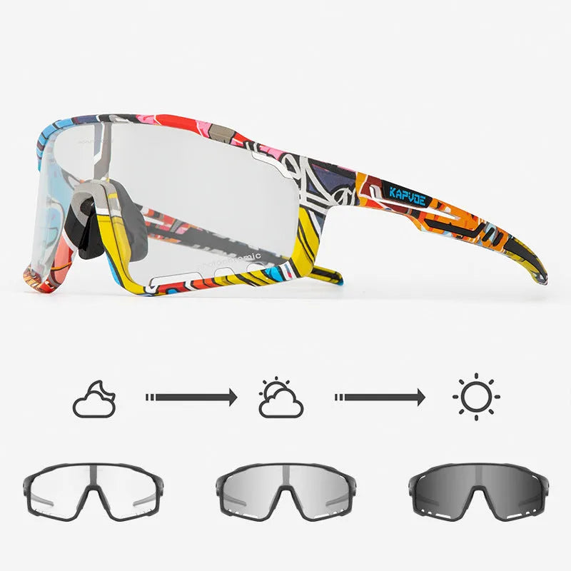 Semi-rimless photochromic cycling glasses with a TR90 frame, shown in a sport setting.