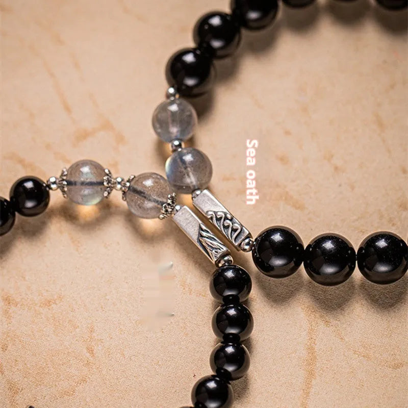 Obsidian Buddha beads couple bracelet DIY set showing 8mm women's and 10mm men's sizes