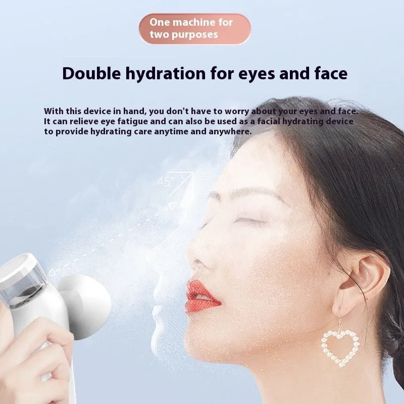 White portable rechargeable warm eye compress device and eye mask set on a table.