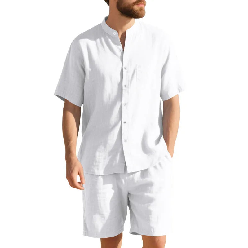 Men's light blue short-sleeve linen shirt and matching shorts, a casual two-piece summer suit set.