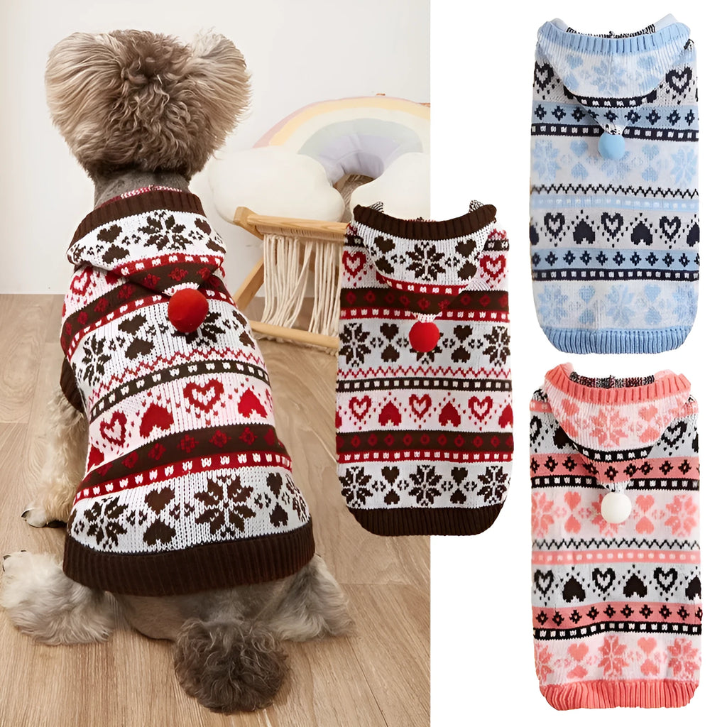 Pink striped dog sweater with snowflake and heart patterns on a small white Bichon