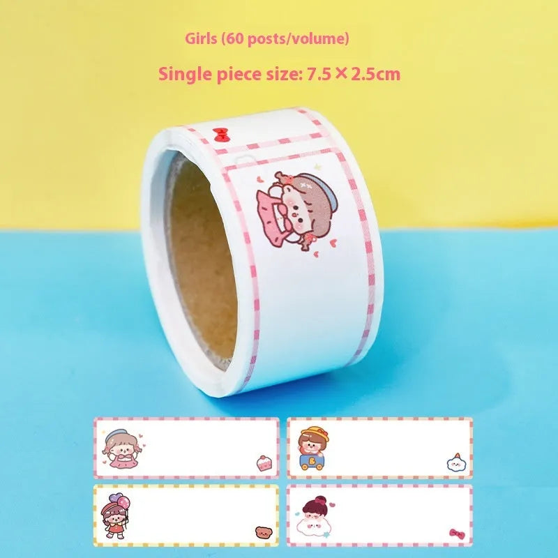 Roll of cartoon adhesive name tape stickers showing Dinosaur, Astronaut, Rabbit, and Girl designs.
