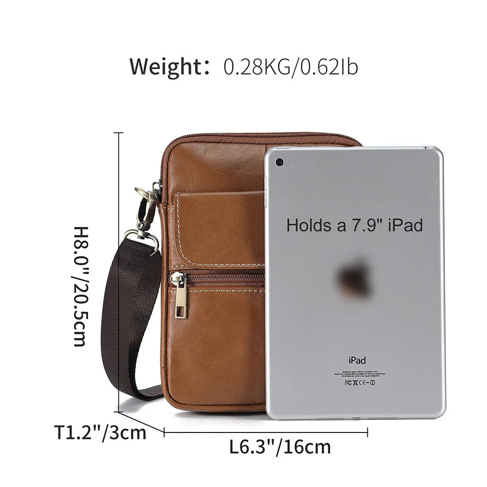 Men's brown genuine leather crossbody shoulder bag showing sewing line details.