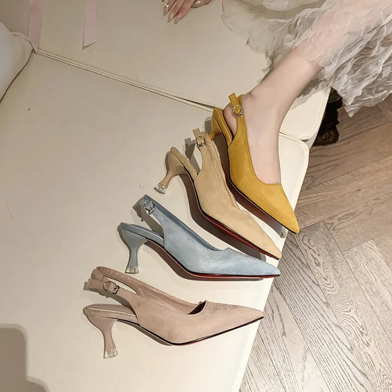 Women's pointed toe stiletto high heels in suede, shown in apricot, pink, sky blue, and yellow colours.