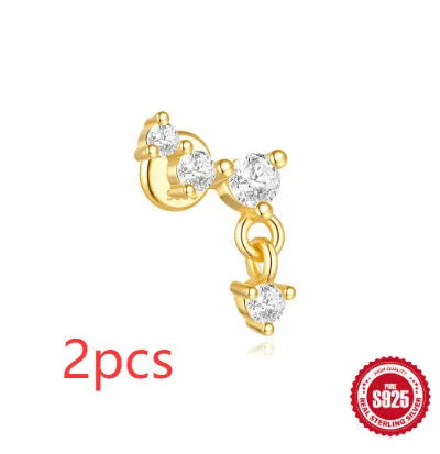 S925 sterling silver geometric moon and star earrings with embedded diamond detailing in gold tone finish