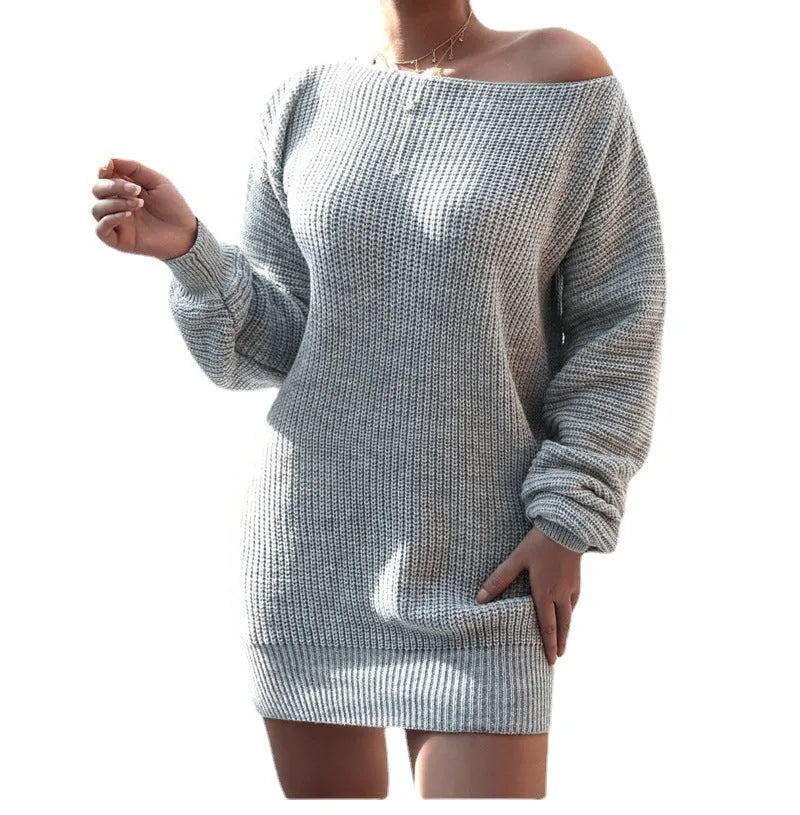 Women's knitted dress with lantern sleeves and off-shoulder neckline in solid colour