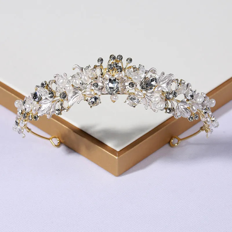 Gold and silver pearl crown headdress for women with alloy electroplated finish