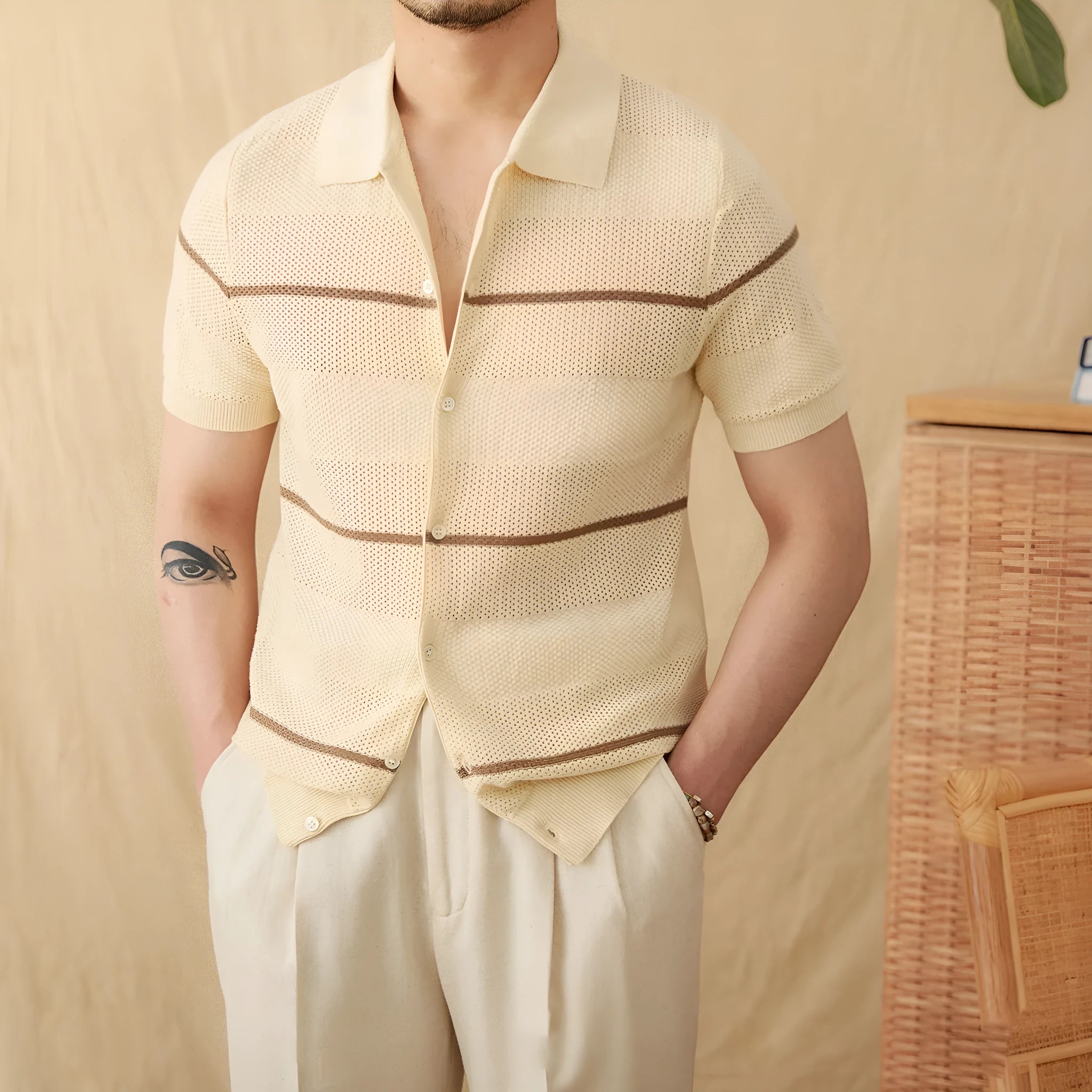 Camel coloured lapel collar short sleeve cotton linen blended cardigan on hanger