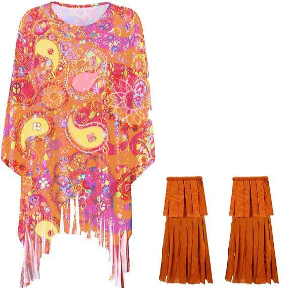 Colourful tie dye cloak costume with large bell sleeves, shown in a rainbow colour variant.