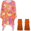 Colourful tie dye cloak costume with large bell sleeves, shown in a rainbow colour variant.