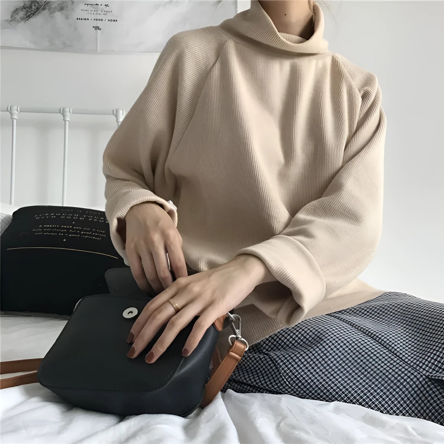 Women's half-high collar long sleeve top in solid colour polyester fabric with loose fit design