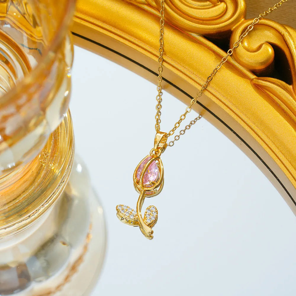 Zircon tulip necklace for women with electroplated C383 gold finish and adjustable titanium steel chain