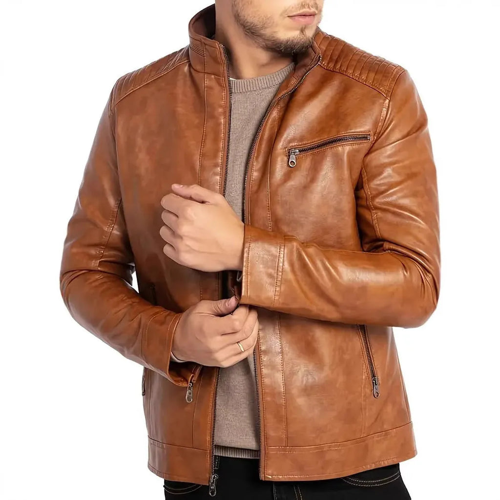 Men's black artificial leather punk motorcycle jacket with a stand collar and patch pocket.