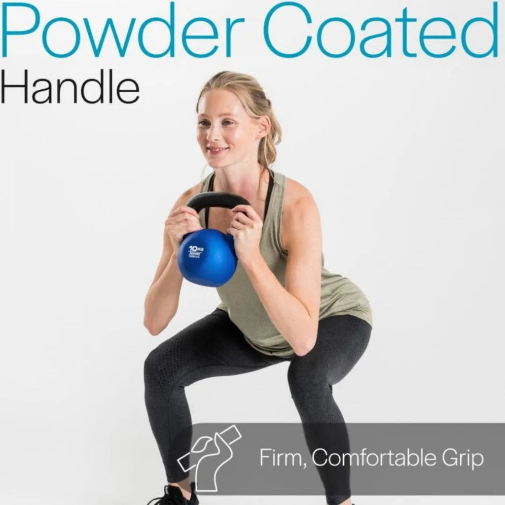 Blue cast iron teapot-shaped dumbbell weighing 10kg on a plain background.