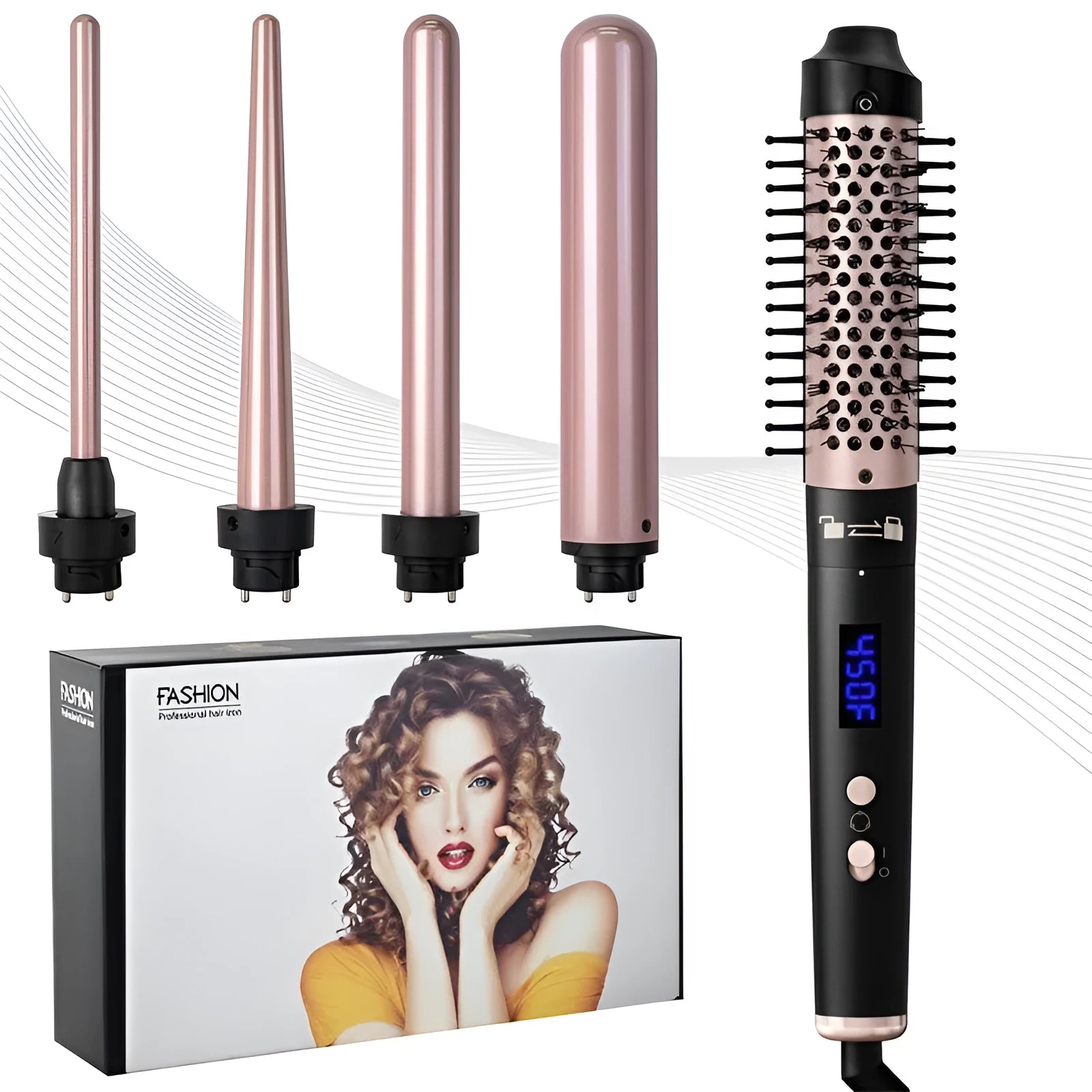 Automatic hair curler in rose gold or black creating large wave curls with included headbands