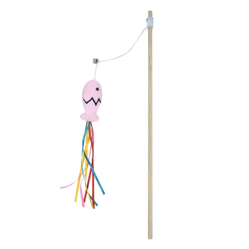 Colourful cat wand toy with ribbons, catnip fish, and bell on a wooden handle.