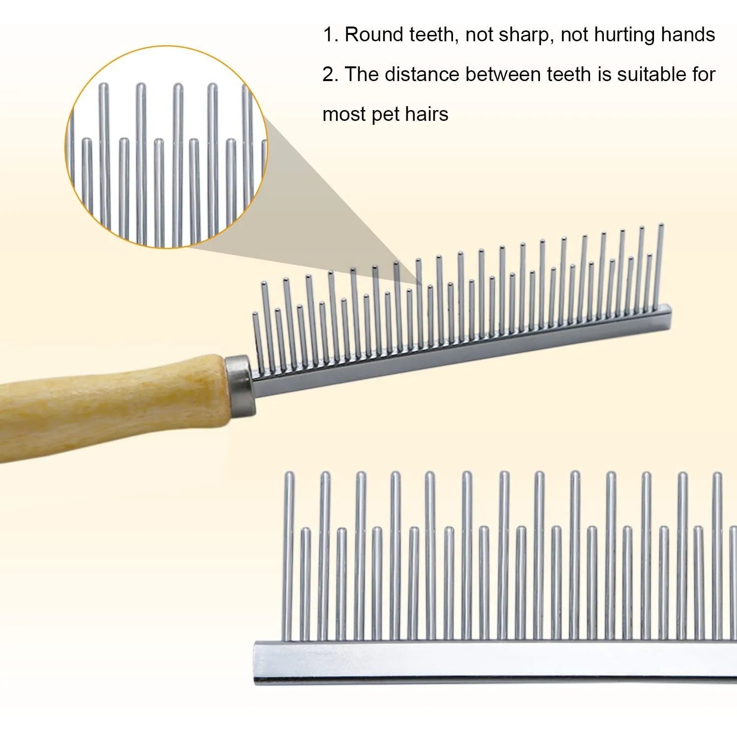 Wooden handle pet grooming comb for dogs and cats on a neutral background.