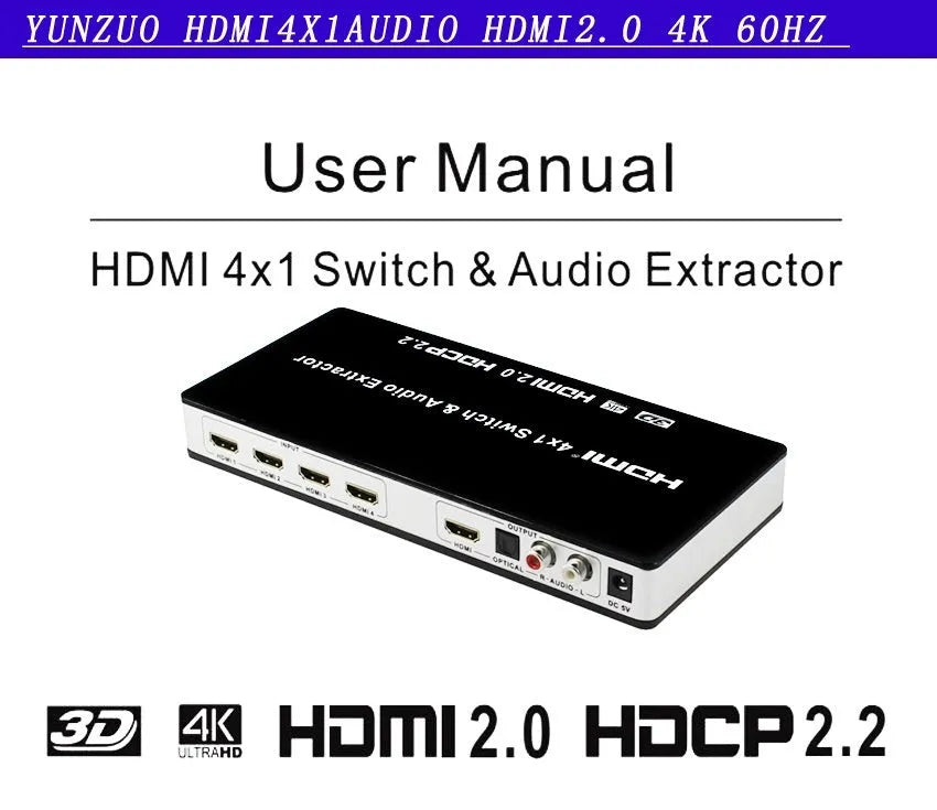 Black four input one output HDMI switch with remote control and power adapter