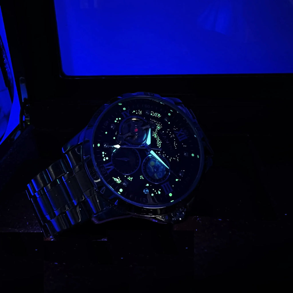 Men's automatic mechanical watch with rose gold case and black dial, 12mm thickness