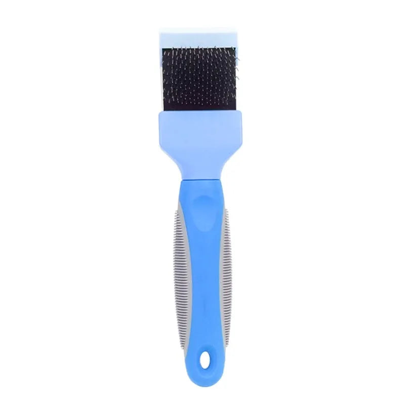 Double-sided pet grooming brush with stainless steel pins and blue ergonomic handle