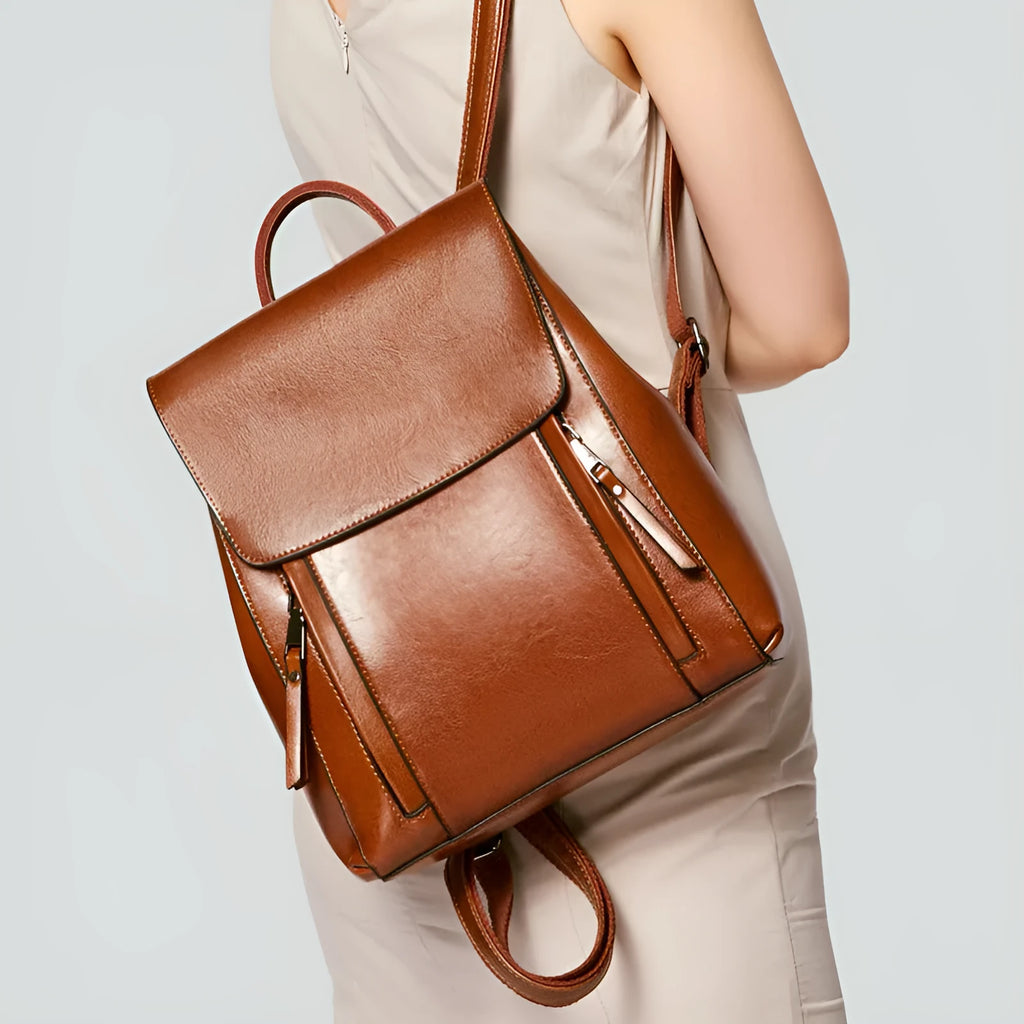 Genuine leather women's backpack in large square shape with double shoulder straps