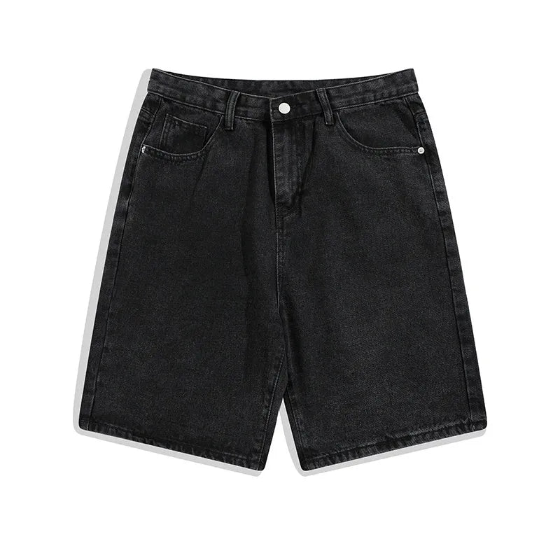 Men's solid colour denim shorts in straight leg cut with mid waist and zipper fly available in black grey blue and white