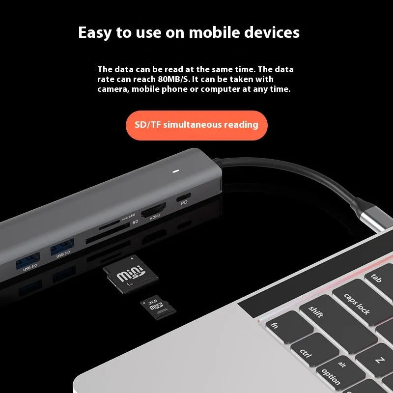 Seven-port card reader PD computer hub with USB-C laptop charging and custom logo option