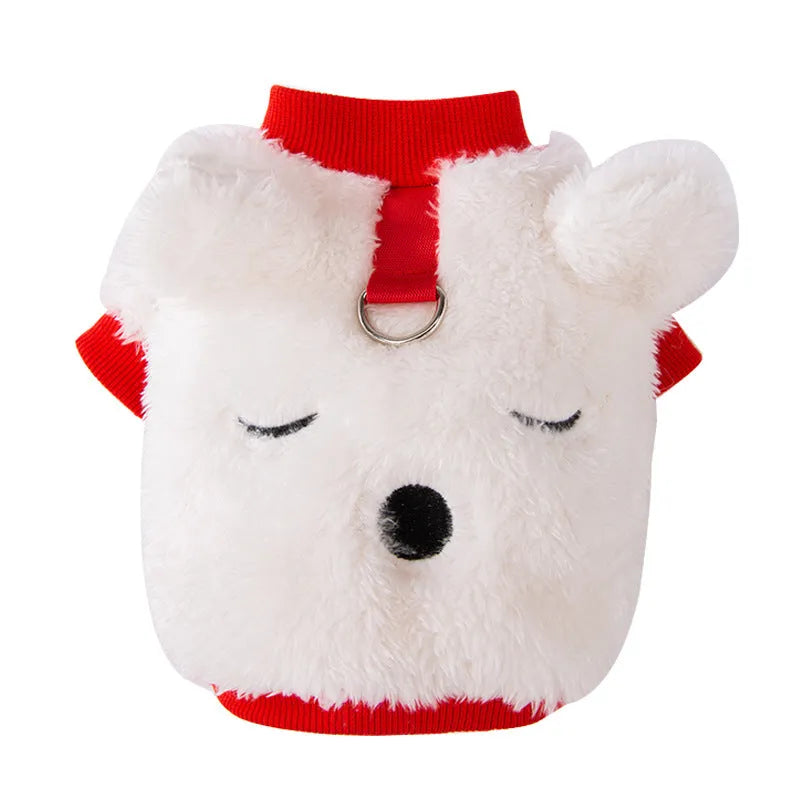 White plush bear pet jacket with 3D bear face, closed eyes, red knit trim, and metal leash ring for small dogs