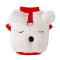 White plush bear pet jacket with 3D bear face, closed eyes, red knit trim, and metal leash ring for small dogs