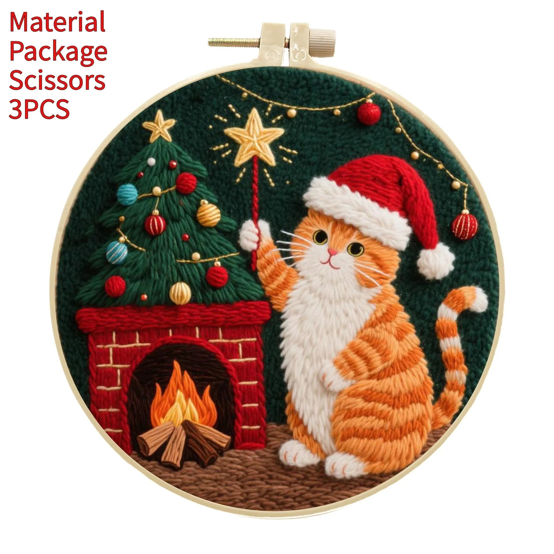 DIY embroidery material kit showing cotton linen fabric with cat and autumn fruit design, optional bamboo hoop and scissors