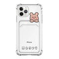 Transparent cartoon graphic iPhone back cover case with a slot for holding credit cards.