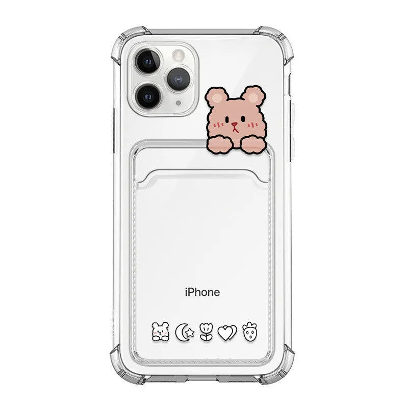 Transparent cartoon graphic iPhone back cover case with a slot for holding credit cards.