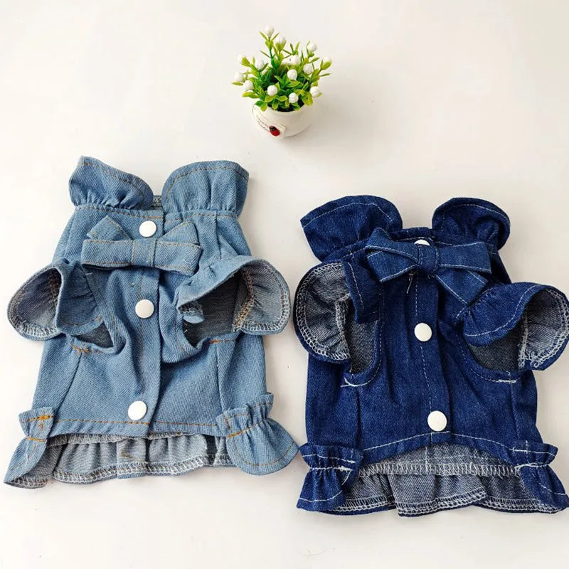 Blue denim dog dress with ruffles and leash hooks on chest and back in dark and light blue colours