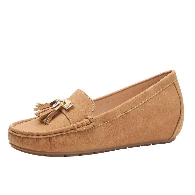 Flat heel height increasing insole work shoes with mid heel in beige, black, blue, and brown colours