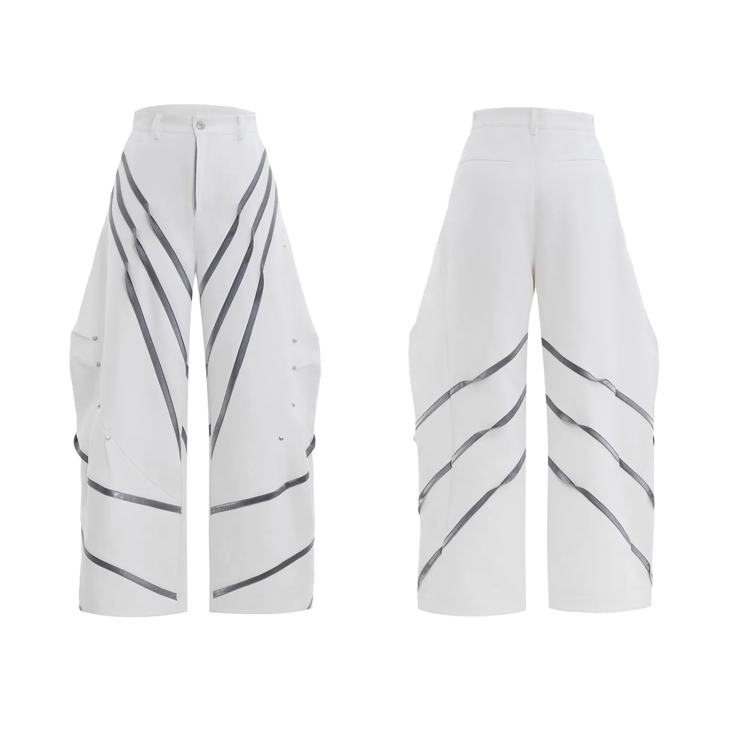 Men's three-dimensional cutting trousers with metal striped rivet pleats in black bottom colour