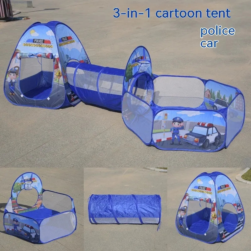 Children's cloth three-in-one play tent with tunnel in a cartoon submarine theme
