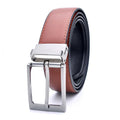 Men's brown and black genuine leather belt with rotating alloy pin buckle showing length measurement