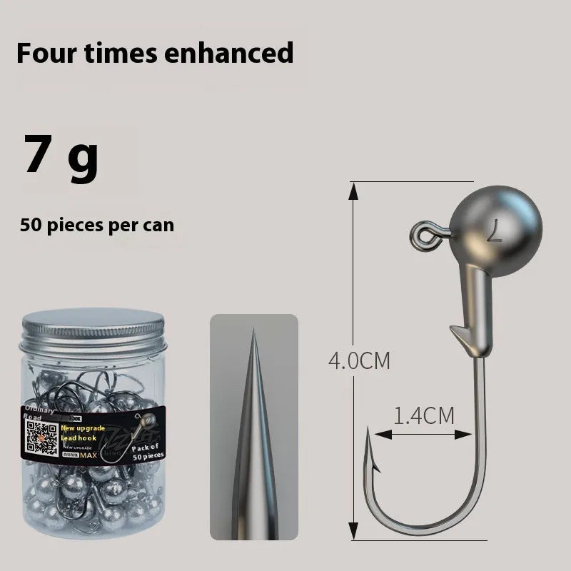 50-piece pack of steel jig fishing hooks with lead heads in three construction types including enhanced strength version