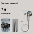 50-piece pack of steel jig fishing hooks with lead heads in three construction types including enhanced strength version