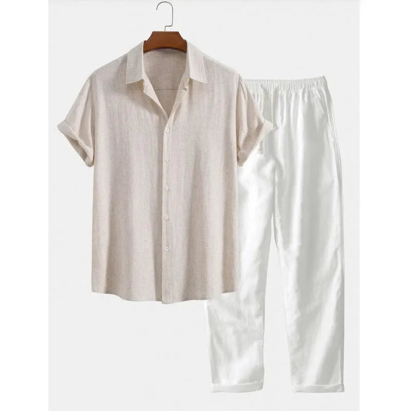 Men's loose fit linen blend short sleeve shirt and trousers casual suit set on a hanger.